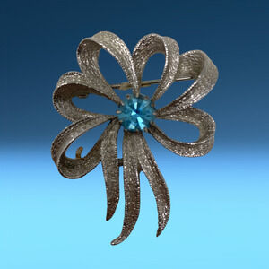 Vintage 1960's SHP Brooch Pin Bow Blue Crystal Textured Silver Tone Mid Century
